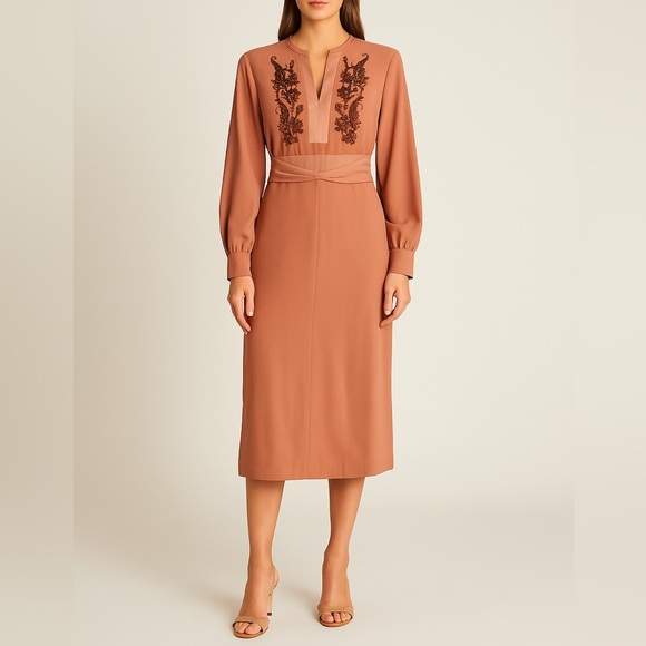 St. Roche Taupe Silk Embroidered Midi A-Line Dress‎ - Picture 1 of 12